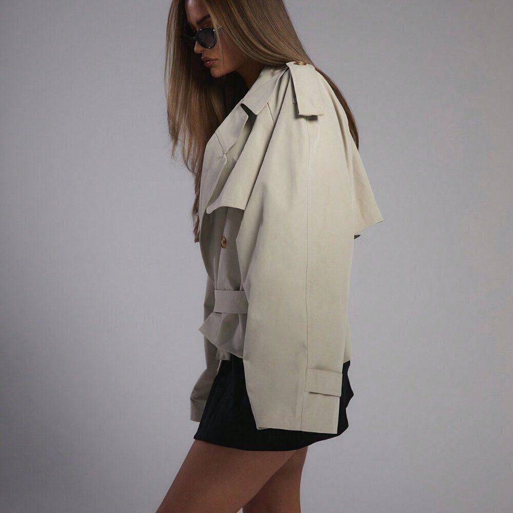 Casual Women's Oversized Tie Waist Short Trench Coat - Picture 4 of 5